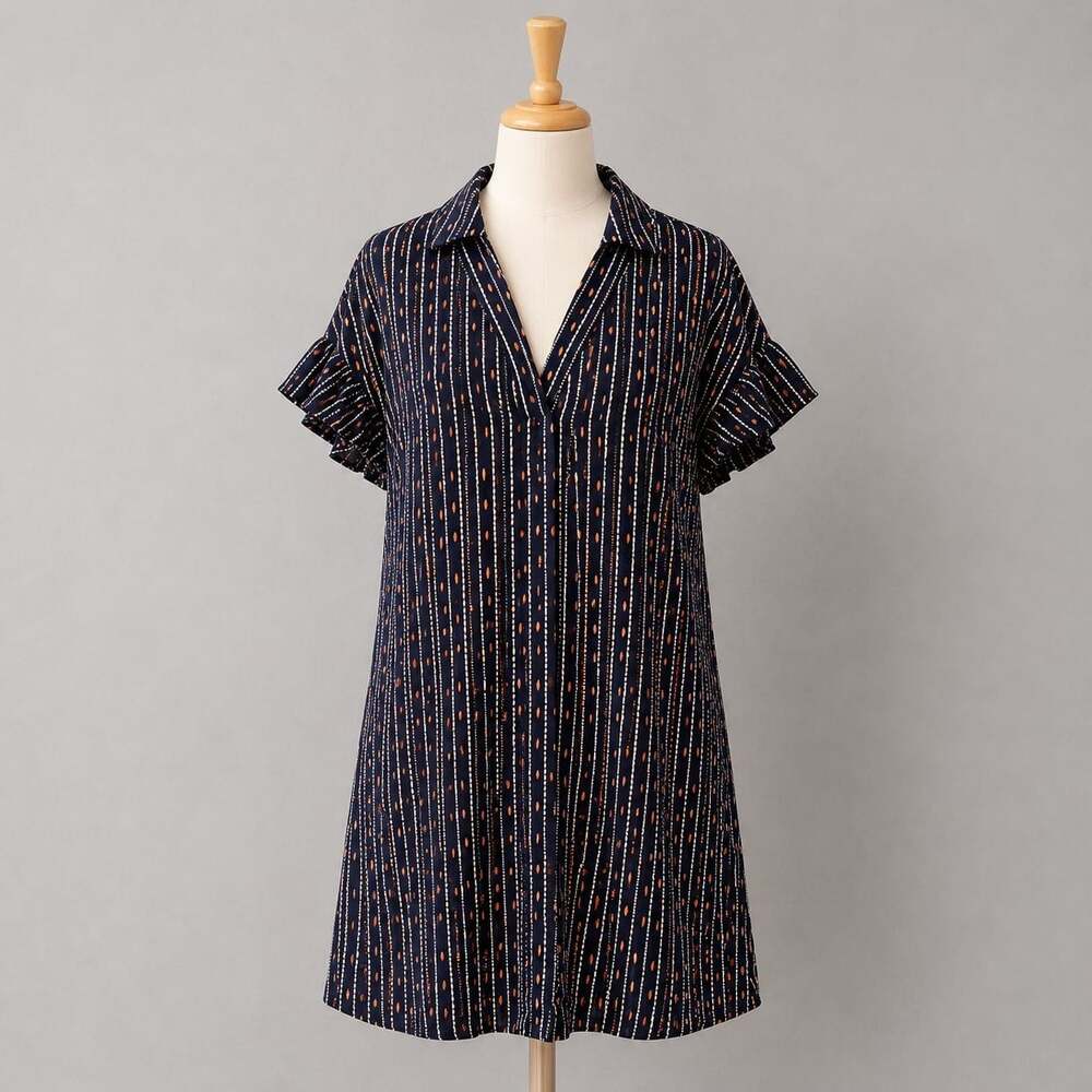 Bobeau Navy Dash Ikat Print Flutter Sleeve V-Neck Shift Dress M